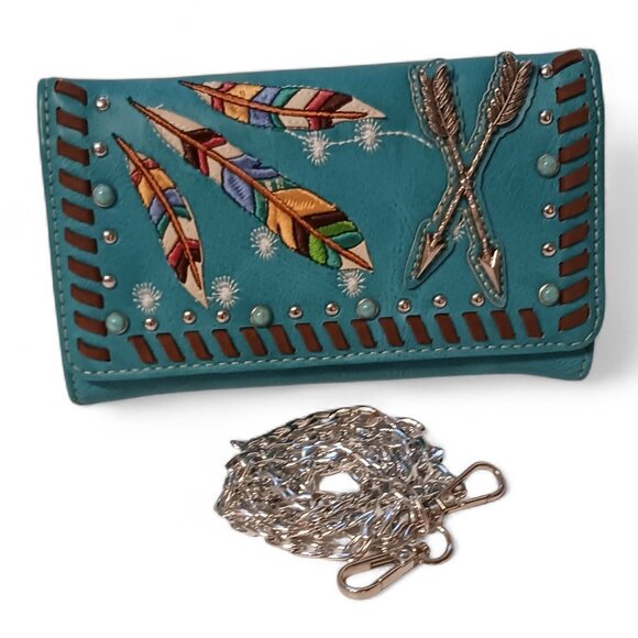 Turquoise Faux Leather Feather Arrow Convertible Wallet Clutch Crossbody - Picture 12 of 16